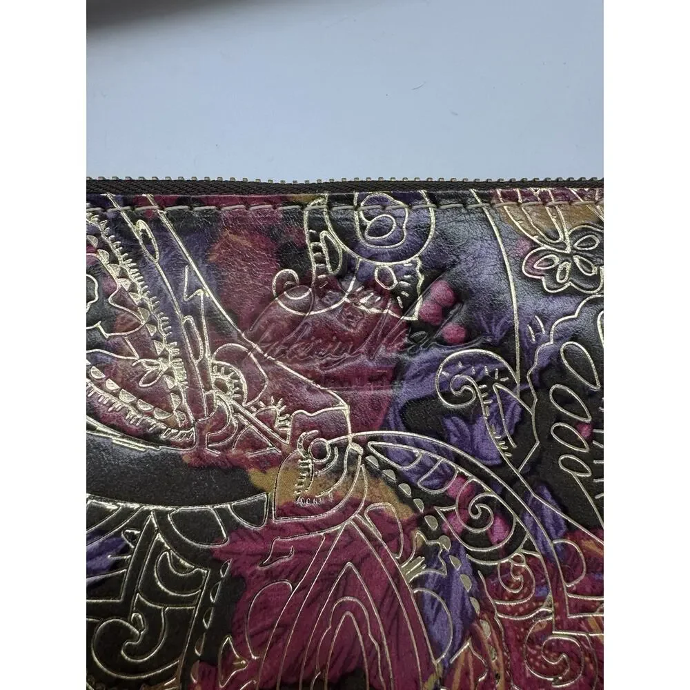 NWT Patricia Nash Metallic Tooled Lace Leather Clutch Wristlet Dark Paisley Zip